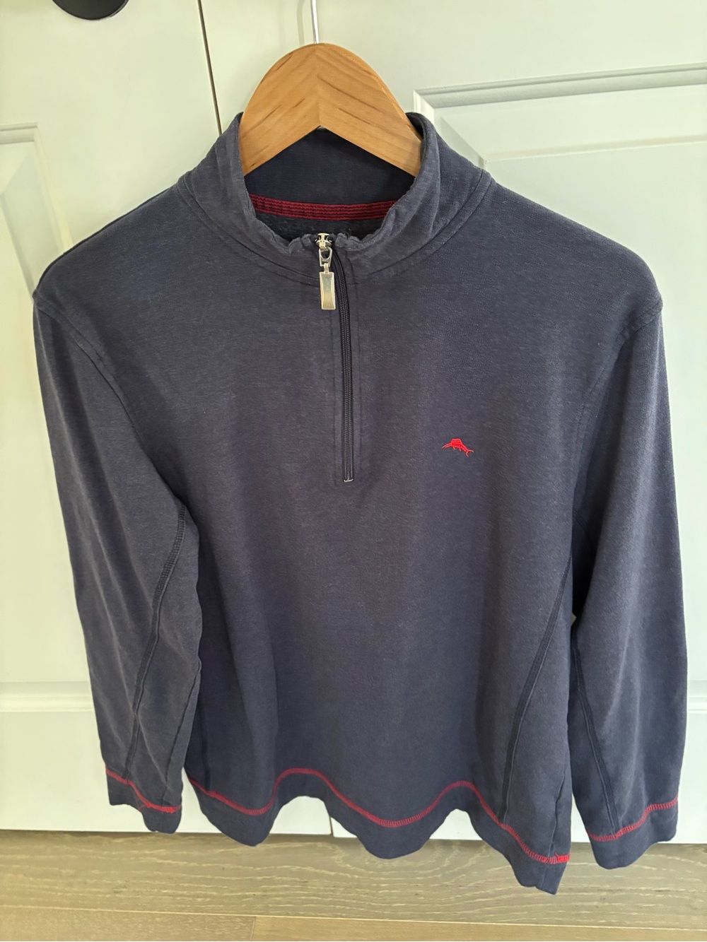 Tommy Bahama Men's Quarter-Zip Pullover Sweater - Navy with Red Accent